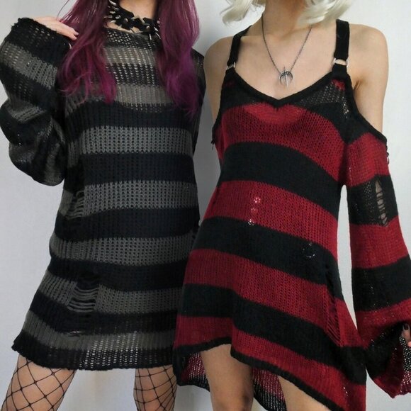 KILLSTAR Sweater Dress Sz.S  Red Black Knit Distressed Bell Sleeve Goth Punk - Picture 4 of 15